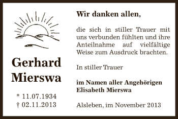 Traueranzeige von Gerhard Mierswa von Super Sonntag Bernburg