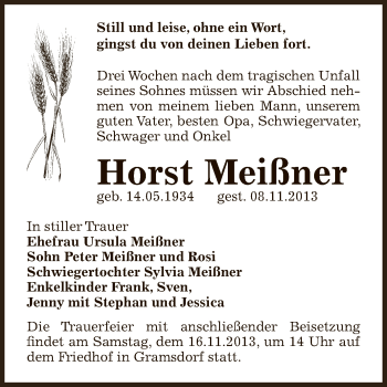 Traueranzeige von Horst Meißner von WVG - Wochenspiegel Bernburg