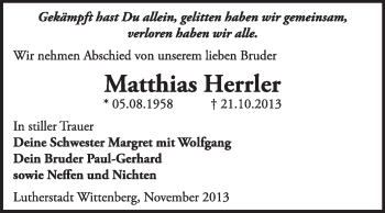 Traueranzeige von Matthias Herrler von Super Sonntag Wittenberg