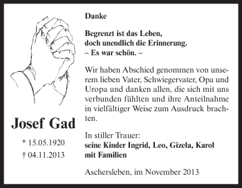 Traueranzeige von Josef Gad von WVG - Wochenspiegel Aschersleben