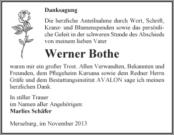 Traueranzeige von Werner Bothe von WVG - Wochenspiegel Merseburg