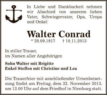 Traueranzeige von Walter Conrad von Super Sonntag Bernburg