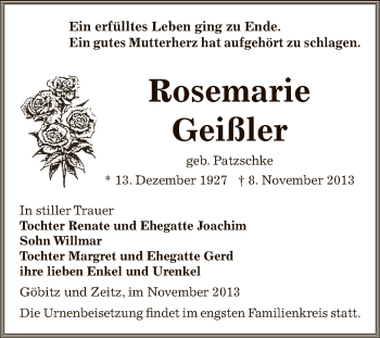 Traueranzeige von Rosemarie Geißler von Super Sonntag Zeitz