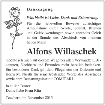 Traueranzeige von Alfons Willaschek von WVG - Wochenspiegel NMB / WSF / ZTZ