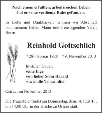 Traueranzeige von Reinhold Gottschlich von WVG - Wochenspiegel NMB / WSF / ZTZ