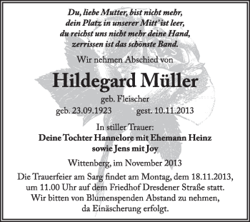 Traueranzeige von Hildegard Müller von Super Sonntag Wittenberg