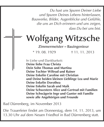 Traueranzeige von Wolfgang Witzsche von Super Sonntag Merseburg