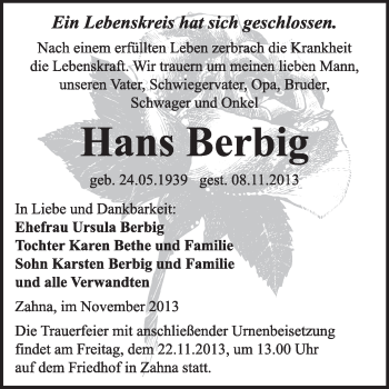 Traueranzeige von Hans Berbig von Super Sonntag Wittenberg