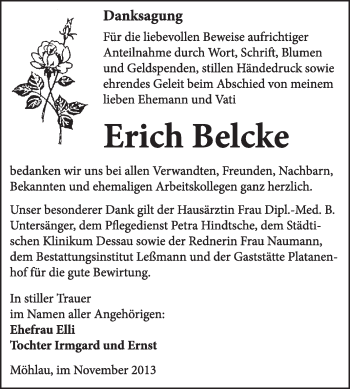 Traueranzeige von Erich Belcke von WVG - Wochenspiegel Wittenberg