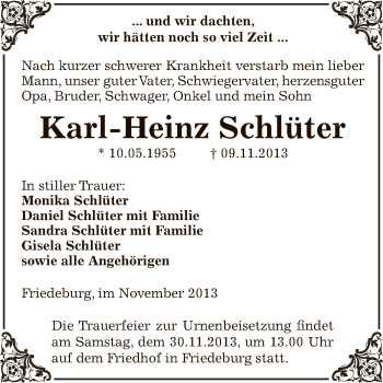 Traueranzeige von Karl-Heinz Schlüter von Wochenspiegel Mansfelder Land