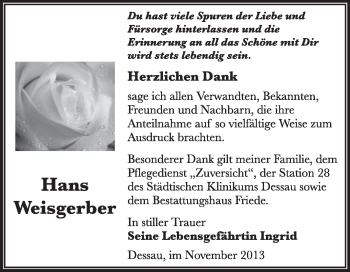 Traueranzeige von Hans Weisgerber von Super Sonntag Dessau / Köthen