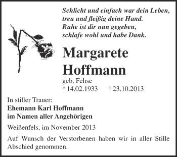 Traueranzeige von Margarete Hoffmann von WVG - Wochenspiegel NMB / WSF / ZTZ