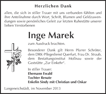Traueranzeige von Inge Marek von WVG - Wochenspiegel Merseburg