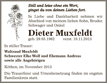 Traueranzeige von Dieter Muxfeldt von WVG - Wochenspiegel Dessau / Köthen