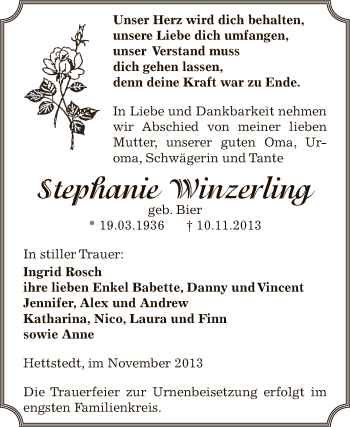 Traueranzeige von Stephanie Winzerling von Super Sonntag SGH Mansf. Land