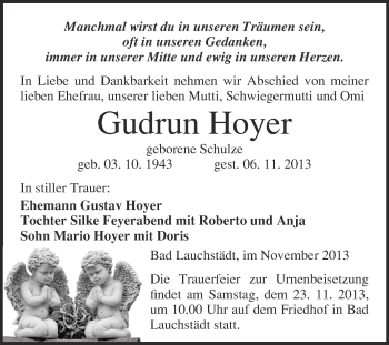 Traueranzeige von Gudrun Hoyer von WVG - Wochenspiegel Merseburg