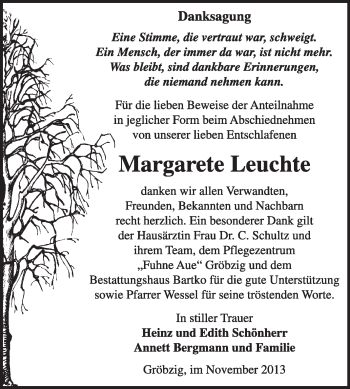 Traueranzeige von Margarete Leuchte von Super Sonntag Dessau / Köthen