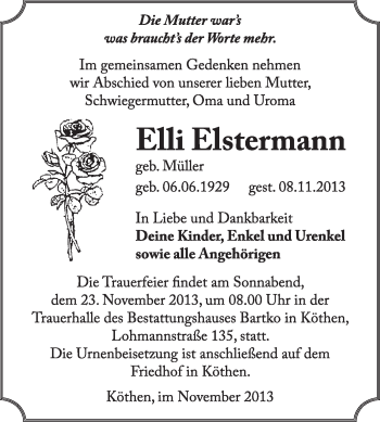 Traueranzeige von Elli Elstermann von Super Sonntag Dessau / Köthen