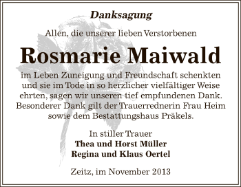 Traueranzeige von Rosmarie Maiwald von Super Sonntag Zeitz