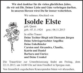 Traueranzeige von Isolde Elste von Super Sonntag Merseburg