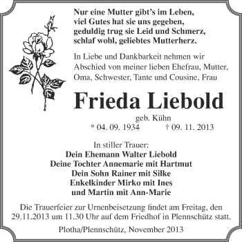 Traueranzeige von Frieda Liebold von WVG - Wochenspiegel NMB / WSF / ZTZ