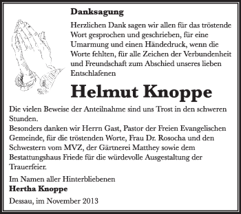 Traueranzeige von Helmut Knoppe von Super Sonntag Dessau / Köthen