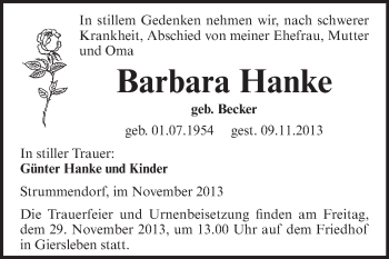 Traueranzeige von Barbara Hanke von Super Sonntag Aschersleben
