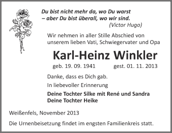 Traueranzeige von Karl-Heinz Winkler von WVG - Wochenspiegel NMB / WSF / ZTZ