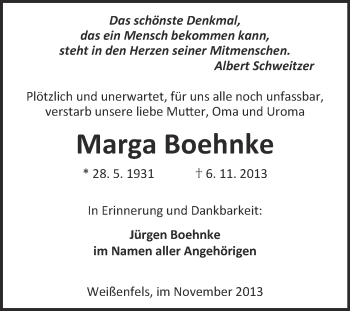 Traueranzeige von Marga Boehnke von WVG - Wochenspiegel NMB / WSF / ZTZ