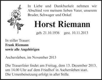 Traueranzeige von Horst Riemann von WVG - Wochenspiegel Aschersleben