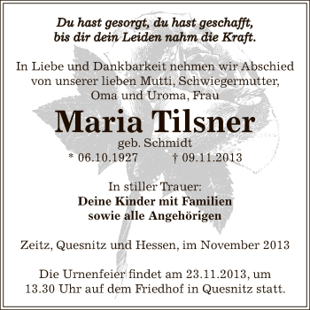 Traueranzeige von Maria Tilsner von Super Sonntag Zeitz