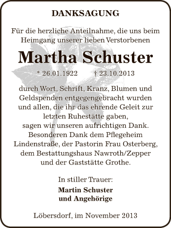 Traueranzeige von Martha Schuster von WVG - Wochenspiegel Bitterfeld