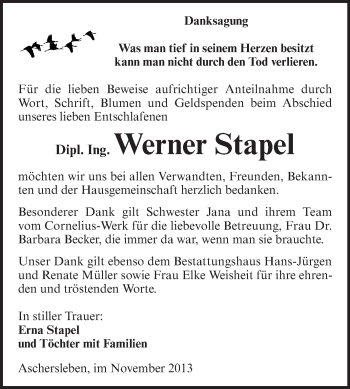 Traueranzeige von Werner Stapel von WVG - Wochenspiegel Aschersleben
