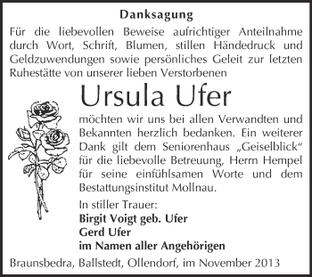 Traueranzeige von Ursula Ufer von WVG - Wochenspiegel Merseburg
