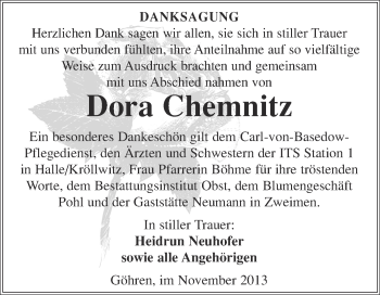 Traueranzeige von Dora Chemnitz von Super Sonntag Merseburg