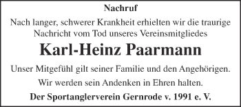 Traueranzeige von Karl-Heinz Paarmann von Super Sonntag Quedlinburg