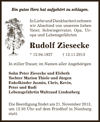 Traueranzeige von Rudolf Ziesecke von Super Sonntag Bernburg