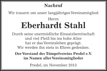 Traueranzeige von Eberhardt Stahl von Super Sonntag Zeitz