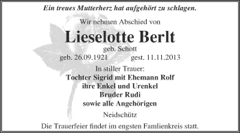 Traueranzeige von Lieselotte Berlt von WVG - Wochenspiegel NMB / WSF / ZTZ