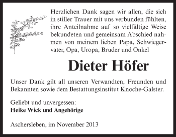 Traueranzeige von Dieter Höfer von WVG - Wochenspiegel Aschersleben