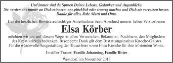 Traueranzeige von Elsa Körber von Super Sonntag Aschersleben