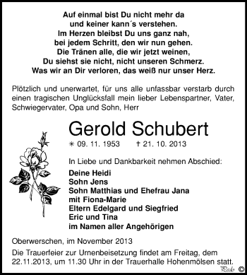 Traueranzeige von Gerold Schubert von WVG - Wochenspiegel NMB / WSF / ZTZ