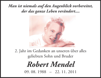 Traueranzeige von Robert Mendel von WVG - Wochenspiegel NMB / WSF / ZTZ