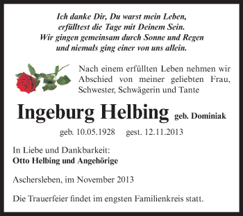 Traueranzeige von Ingeburg Helbing von Super Sonntag Aschersleben