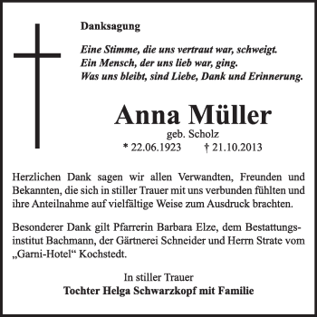 Traueranzeige von Anna Müller von Super Sonntag Dessau / Köthen