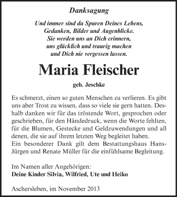 Traueranzeige von Maria Fleischer von Super Sonntag Aschersleben