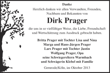 Traueranzeige von Dirk Prager von Super Sonntag Quedlinburg