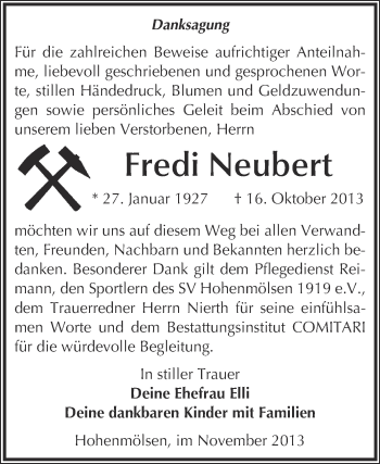 Traueranzeige von Fredi Neubert von WVG - Wochenspiegel NMB / WSF / ZTZ