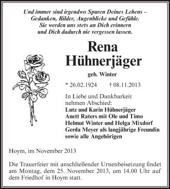 Traueranzeige von Rena Hühnerjäger von Super Sonntag Aschersleben