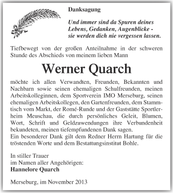 Traueranzeige von Werner Quarch von Super Sonntag Merseburg